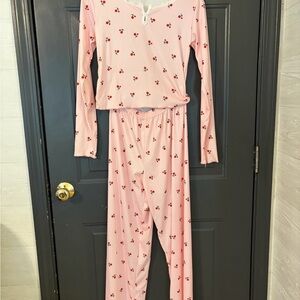 Teen Pink Cherry Print Long Sleeve Pajama Set